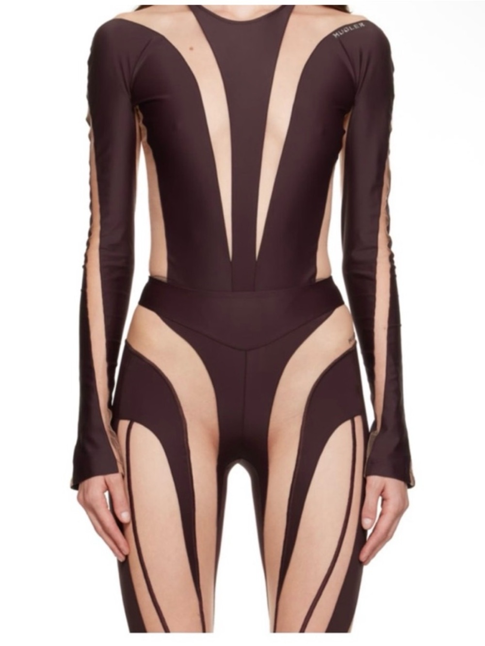 Mugler Chocolate Brown and Nude Cutout Long-Sleeve Bodysuit